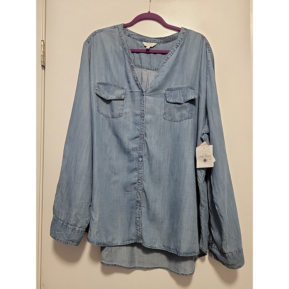 Coral Bay Womens Chambray Button Down Blouse Tencel Blue 2X NWT